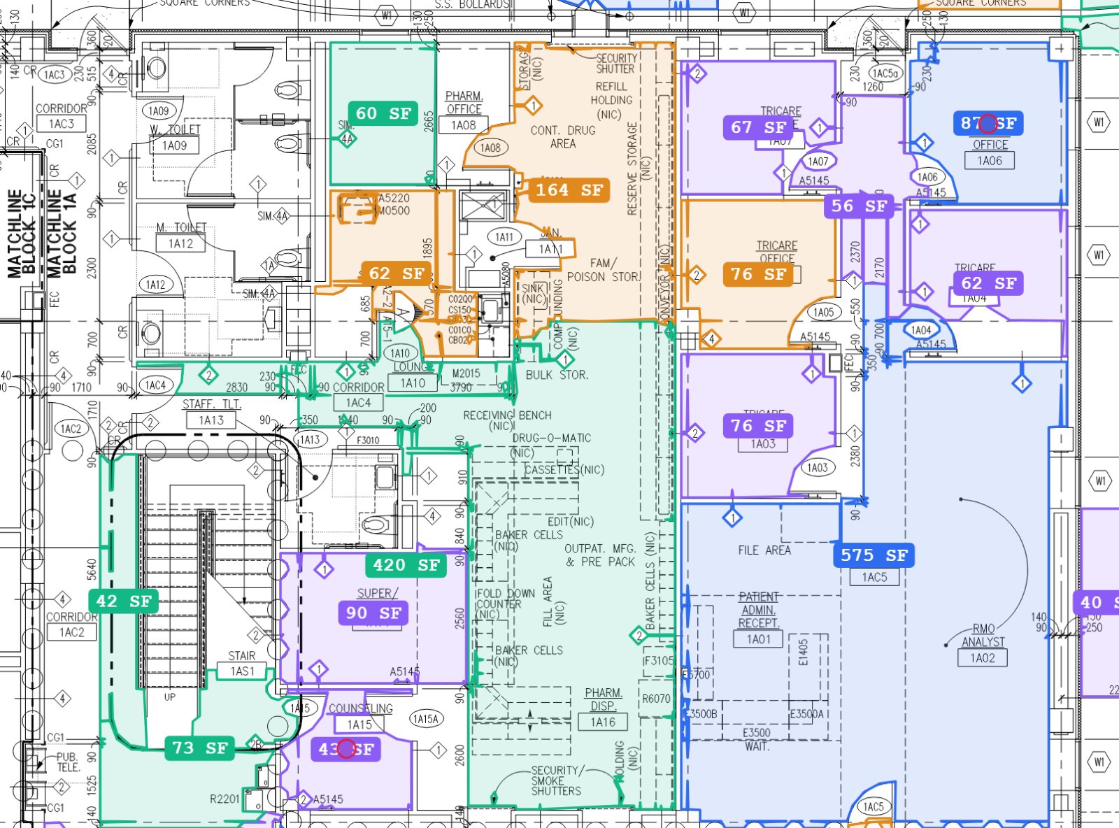 TRACEBUILD auto-takeoff on a real medical clinic floor plan: rooms detected and measured, each labeled with its area in square feet